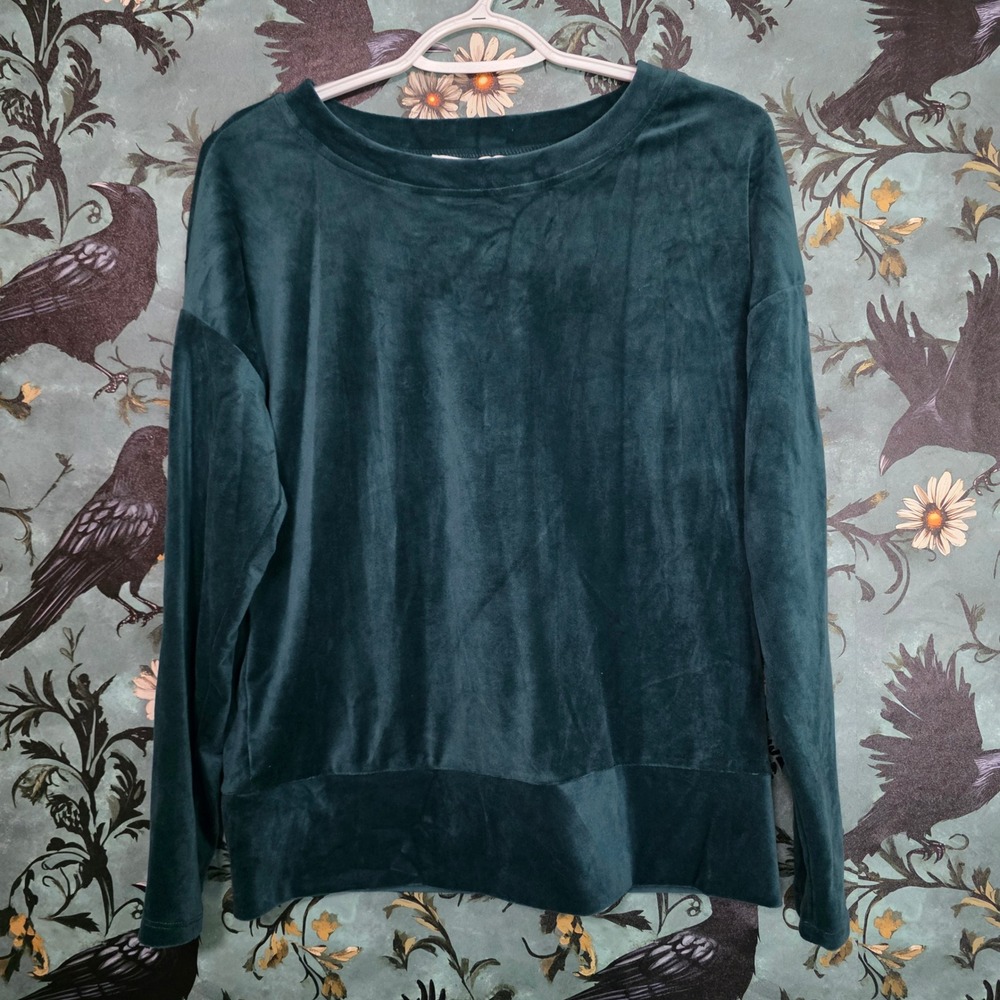Cable & Gauge Studio Velvet Top Hunter Green Velour Crewneck Banded Hem XS NWT